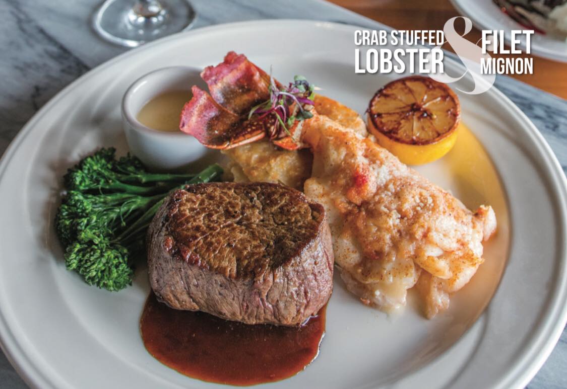 Graphic: Crab stuffed lobster and filet mignon at MB Grille