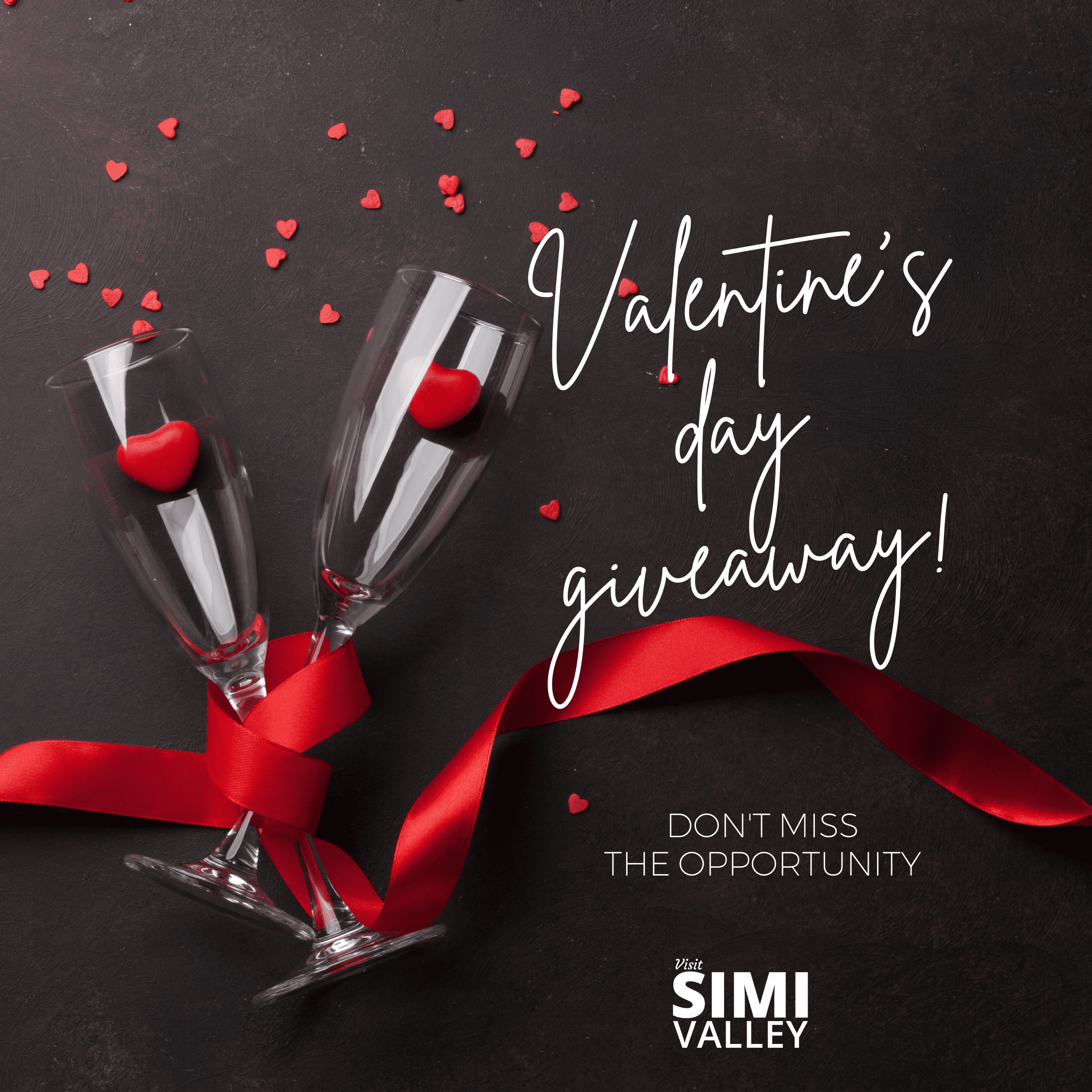 Valentine's Day Giveaway Glasses, Red Ribbon And Hearts On Black Background Instagram Post (2250 X 2250 Px)