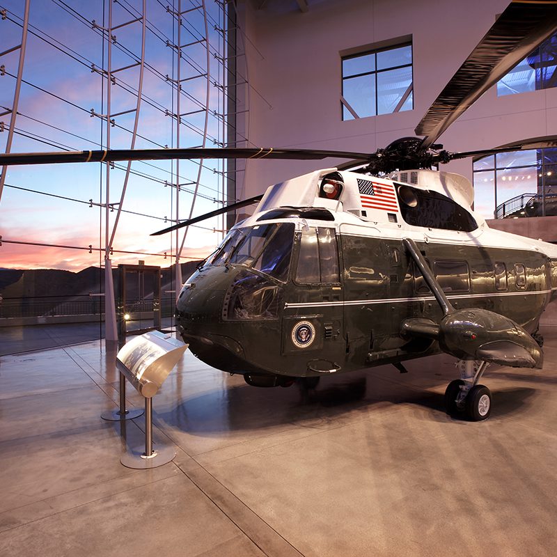 A helicopter on display in a museum.