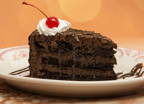 A slice of chocolate cake on a plate.