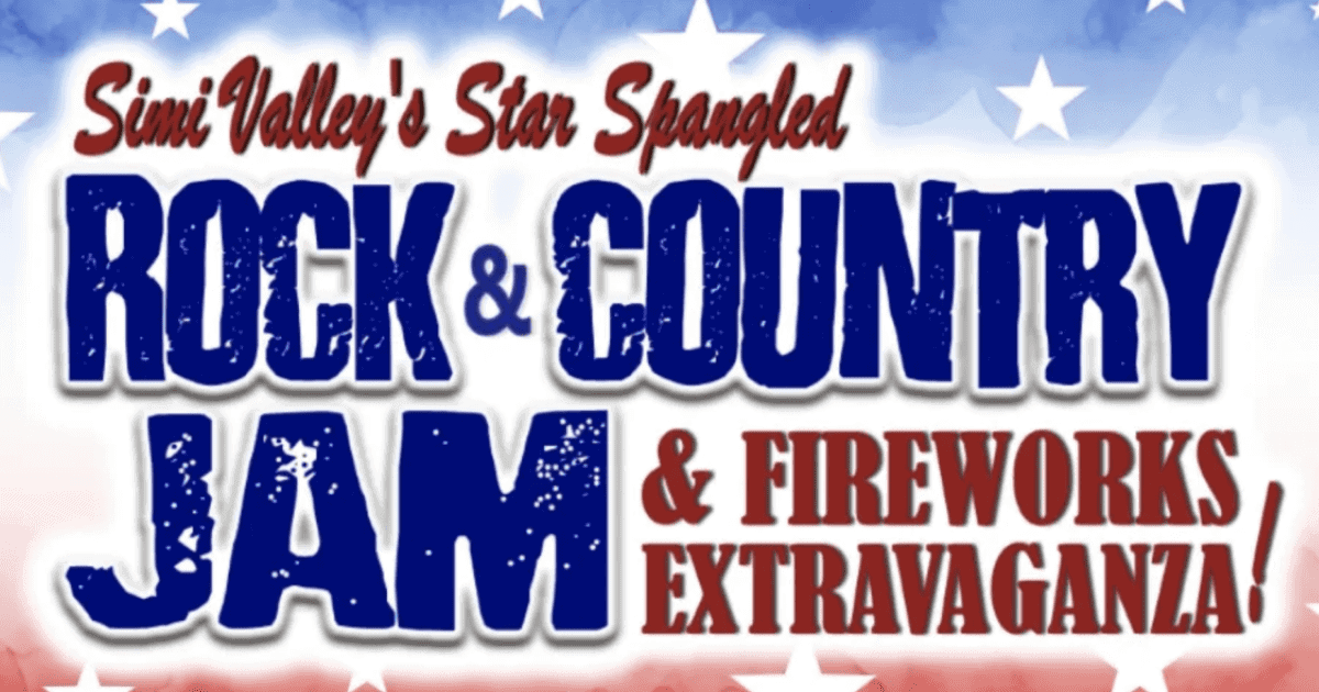 Event flyer reads: Simi Valleys Star Spangled Rock & Country Jam & Fireworks Extravaganza on a red, white, and blue background with stars.