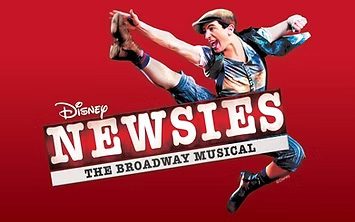 A performer in costume leaps in the air above the title NEWSIES: The Broadway Musical on a red background with the Disney logo.