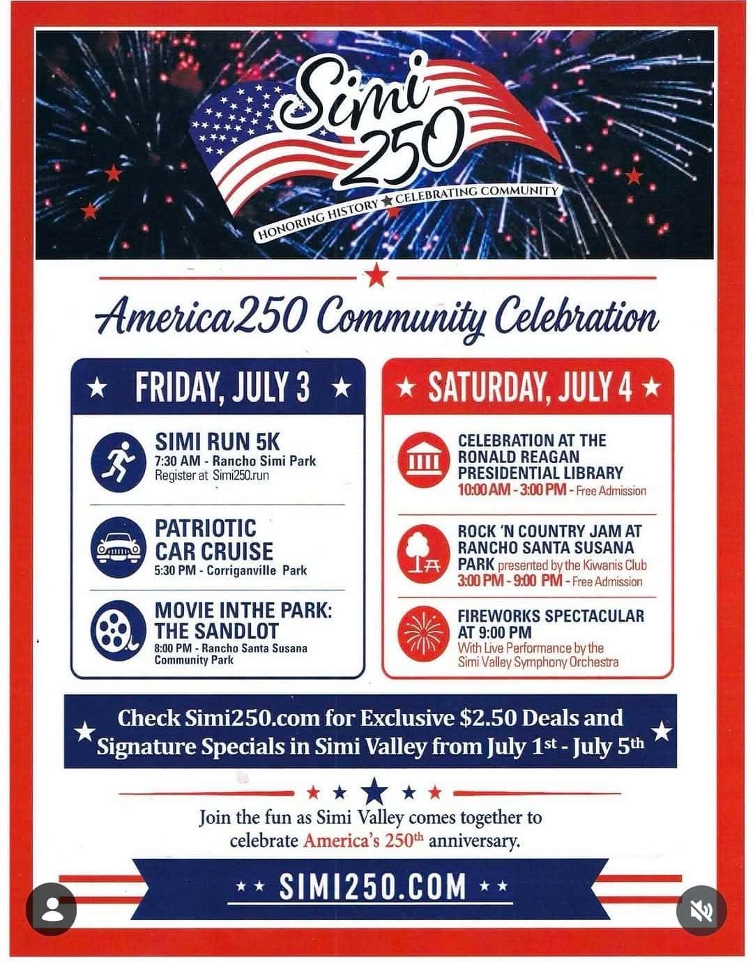 Simi Valley 250th anniversary event poster with fireworks and patriotic themes.