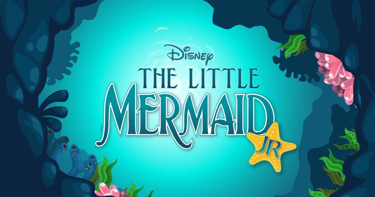 Disneys The Little Mermaid JR. logo with underwater plants and a yellow starfish on a blue ocean background.
