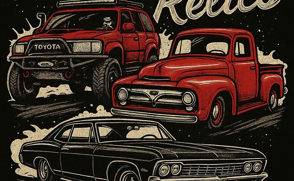 Illustration of a Toyota SUV, a classic red pickup truck, and a black vintage car with the text Rigs and Relics Simi Valley.