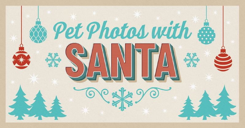 Banner with text Pet Photos with Santa, decorated with teal trees, snowflakes, and red and teal ornaments on a beige background.