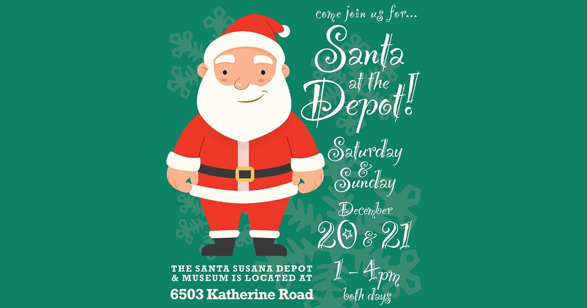 Illustration of Santa Claus promoting “Santa at the Depot” event on December 20 & 21, 1–4pm at the Santa Susana Depot & Museum, 6503 Katherine Road.