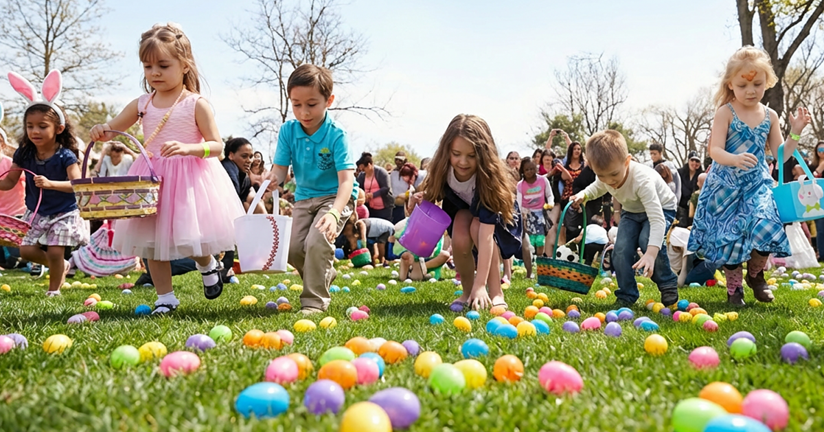 Children participating in a community Easter egg hunt outdoors with colorful eggs and baskets.