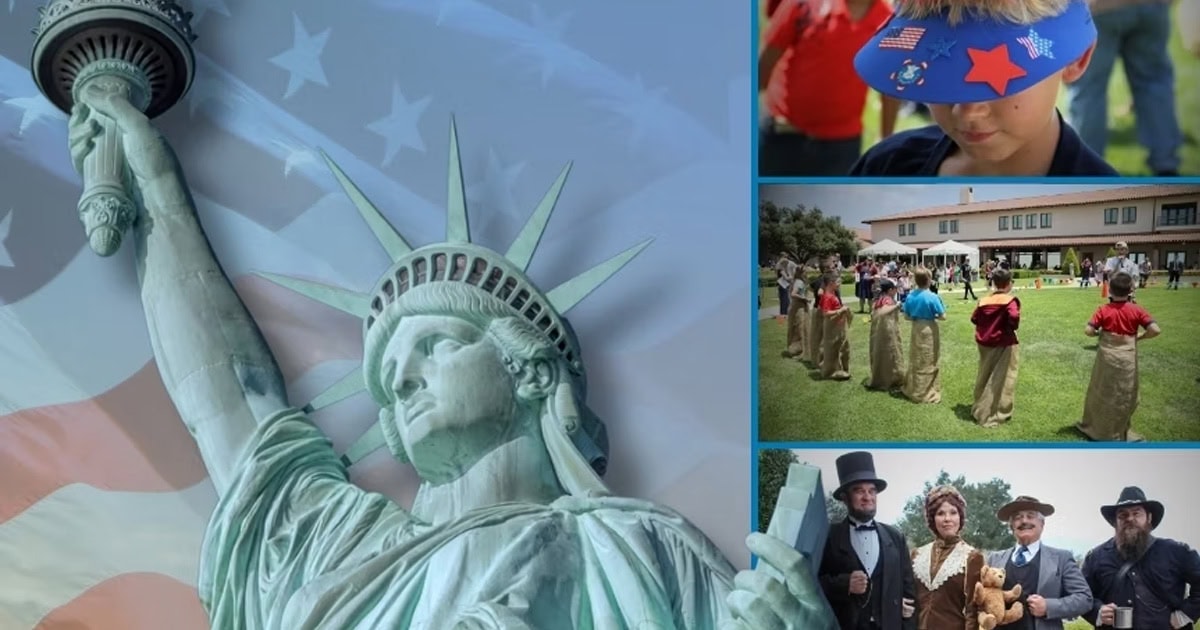 Statue of Liberty replica and children celebrating patriotic events in Simi Valley.