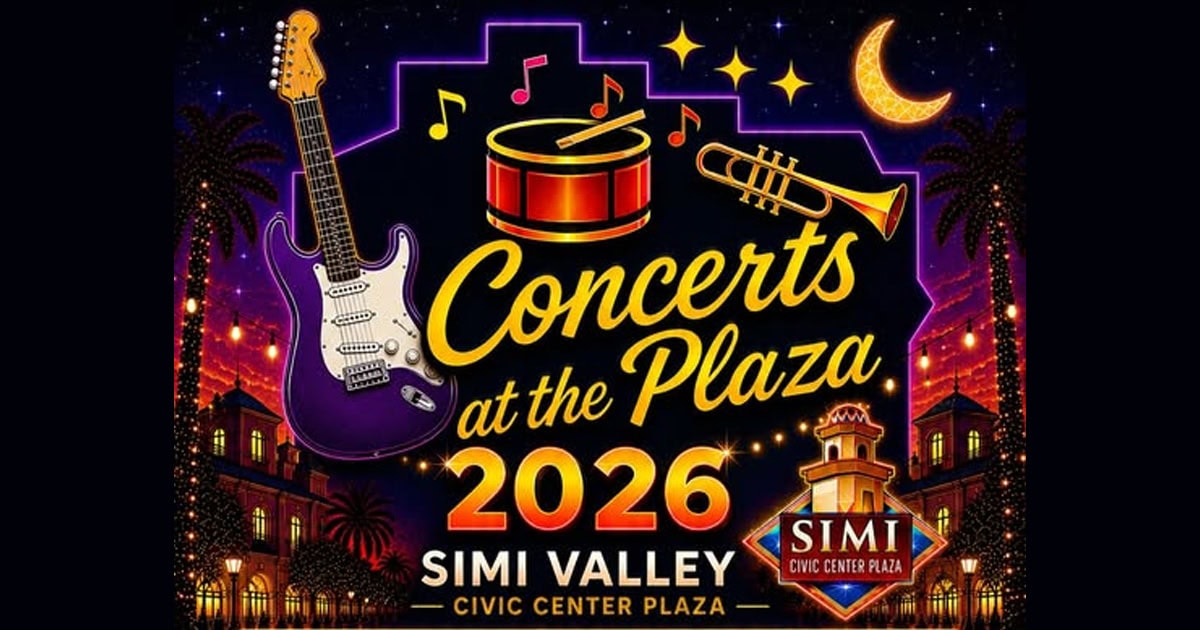 Vibrant concert poster featuring guitar, drums, trumpet, and festive night scene in Simi Valley.