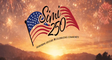 Simi Valley 250th anniversary logo with fireworks and patriotic theme.