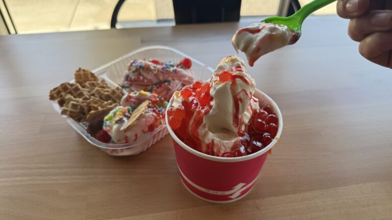 Ice cream sundae with strawberries and whipped cream in Simi Valley.