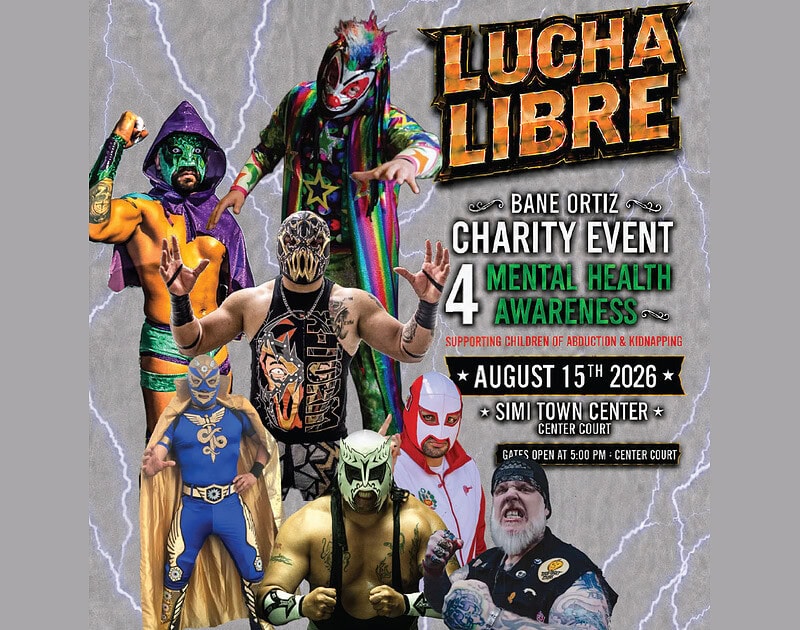 Lucha Libre wrestlers at charity event supporting mental health awareness in Simi Valley.