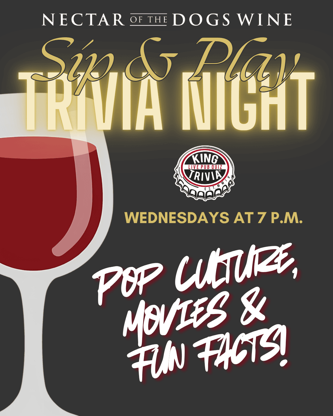 Visit Simi Valley event poster for Sip & Play Trivia Night at NOTDW with wine glass and event info.