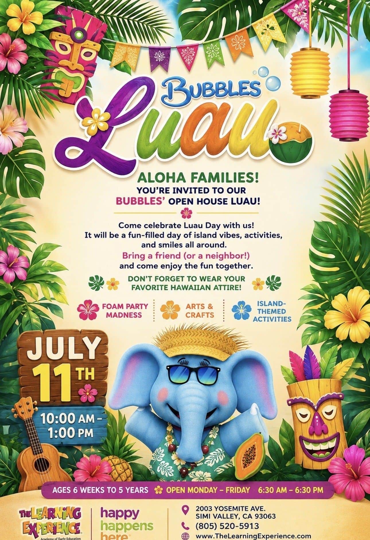 Colorful luau event poster with tropical decorations and elephant mascot.