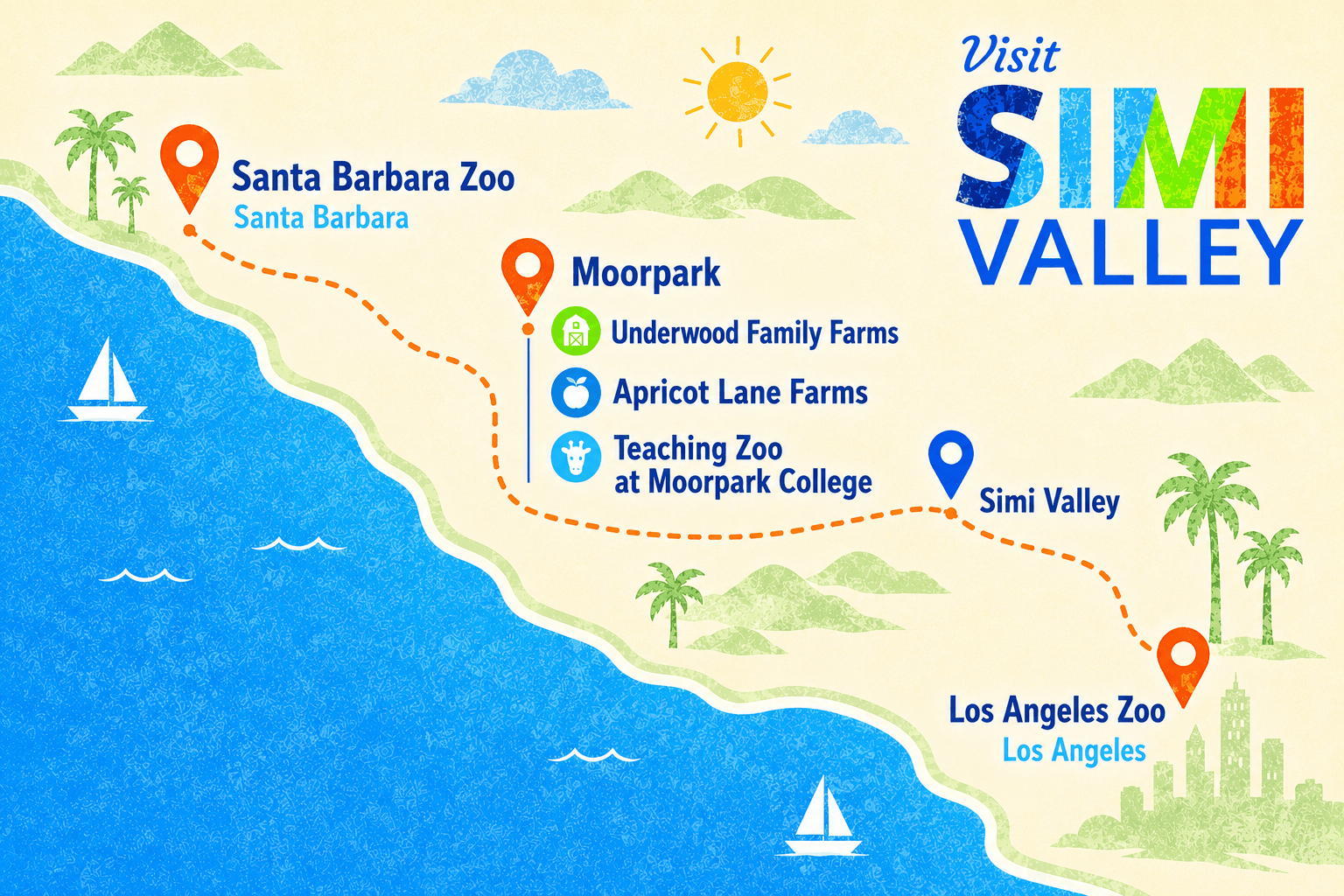 Map of Simi Valley highlighting Santa Barbara Zoo, Moorpark, and Los Angeles Zoo.