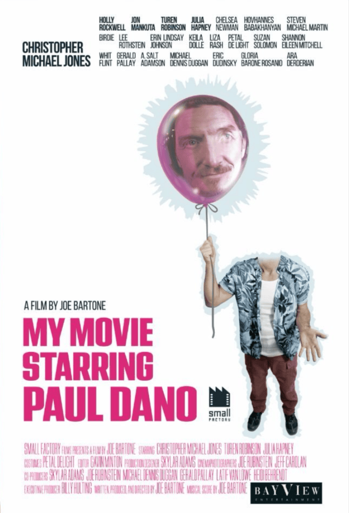 Film poster for 'My Movie Starring Paul Dano' featuring a puppet with a man's face and pink balloon.