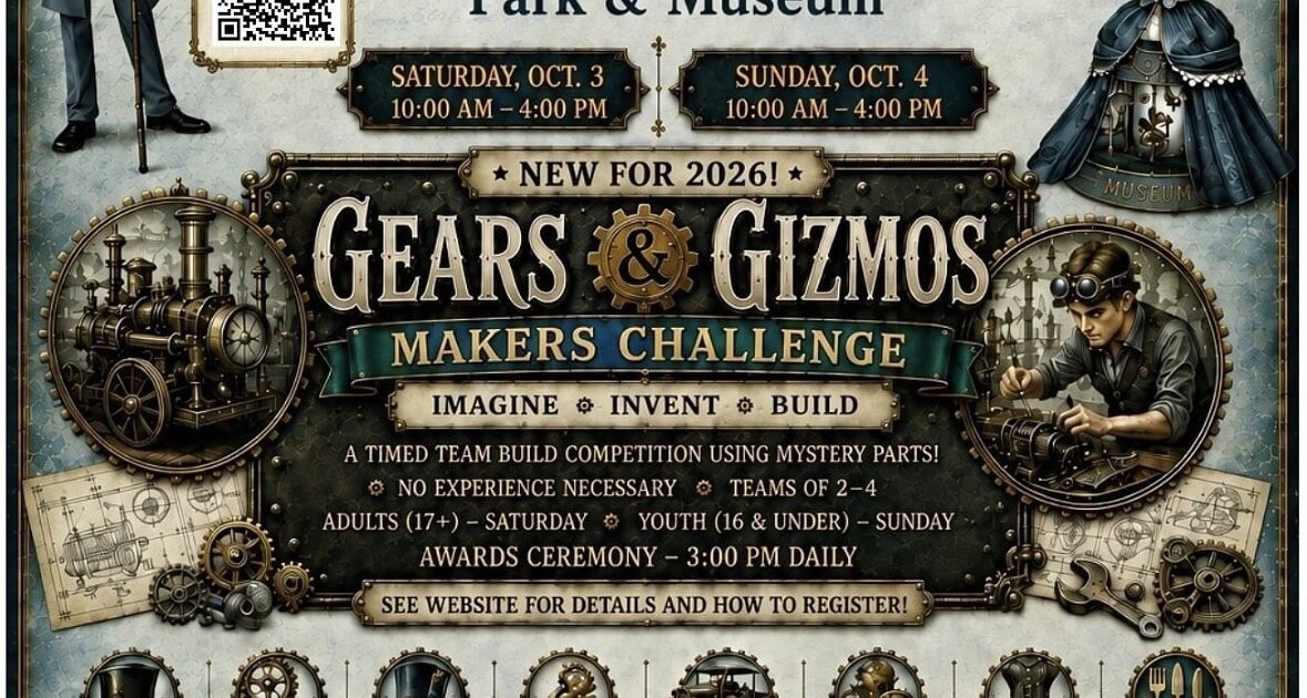 Steampunk at Strathearn festival poster with gears, airships, and Victorian costumes.