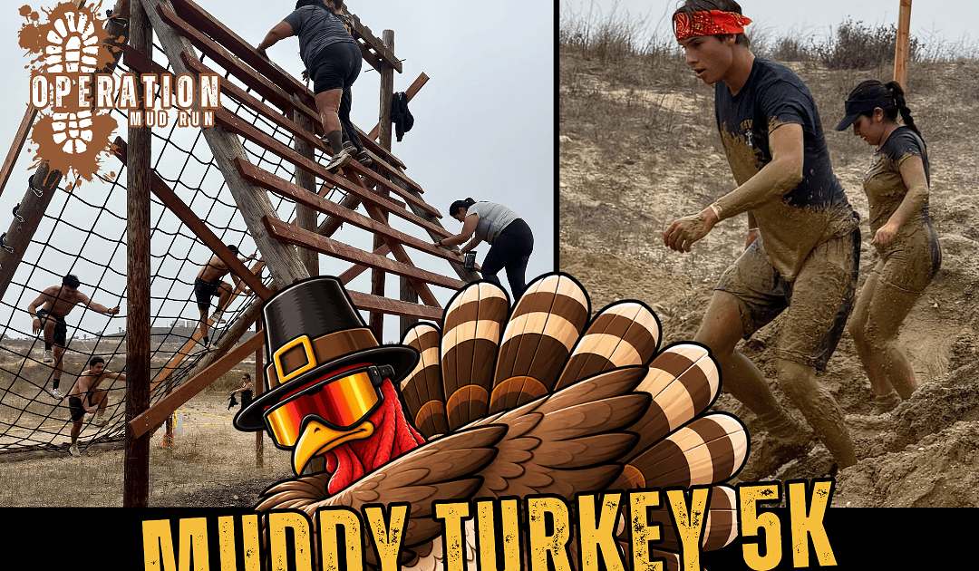Participants crawling through mud at Operation Mud Run Muddy Turkey 5K event.