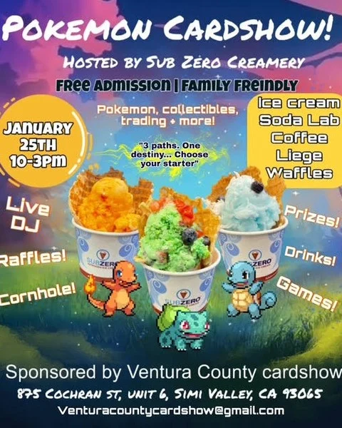 Gotta catch ’em all… and grab some ice cream 🍦⚡

Join us for a family-friendly Pokémon Card Event at @subzero_simi_valley. Bring your cards to trade, play, and show off your favorites while enjoying a sweet treat. Whether you’re a seasoned Trainer or just starting your collection, this event is all about fun, friends, and frozen desserts.

📆 January 25
🕥 10:00am-3:00pm
📍 875 Cochran St.

All ages welcome. Cards, cones, and good vibes only.