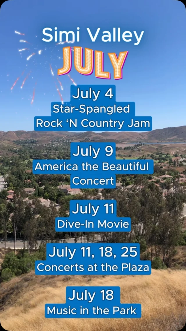Cue the live music and cannonballs!

From the Star-Spangled Rock ‘N Country Jam to outdoor concerts under the stars and a splash-worthy dive-in movie, Simi Valley is packed with ways to make the most of the season.

Comment “EVENTS” to view the July calendar.