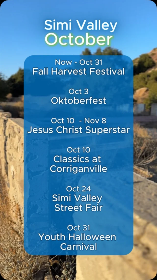 Cue the October fun, Simi Valley style. 🎃

Catch Jesus Christ Superstar, browse a festive street fair, bring the kids to a Halloween carnival, and more! 

Ready to fill your calendar? 

Comment “EVENTS” for more October fun.
